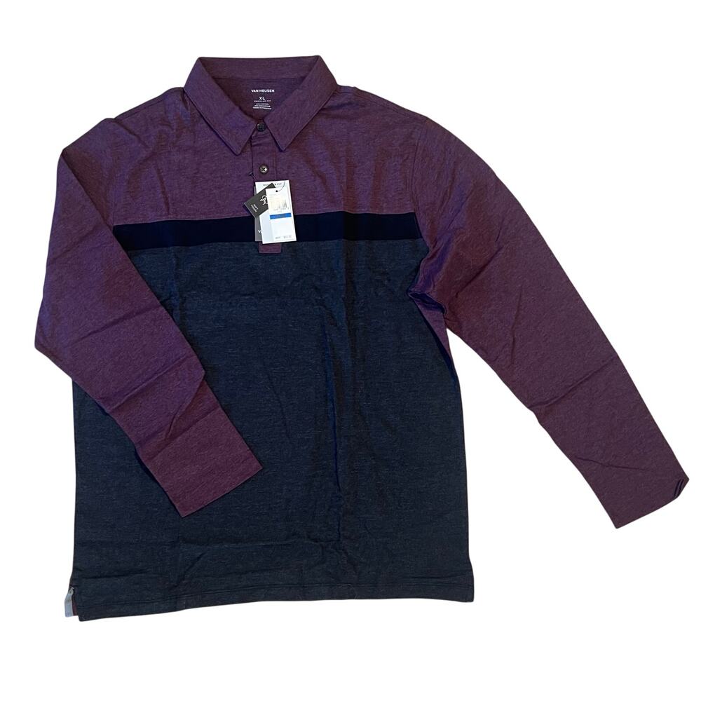 NEW Van Heusen Regular Fit Color Block Long Sleeve Polo Size XL Maroon Gray